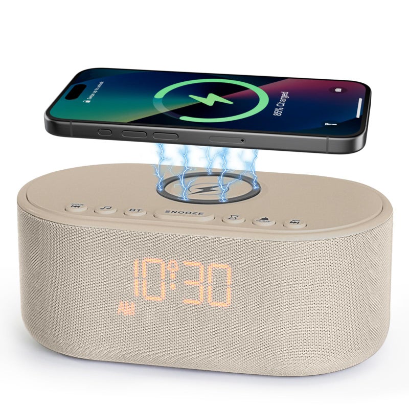 Sound Machine Alarm Clock for Bedrooms Bluetooth 10W Stereo Sound Speaker with Wireless Charging White Noise Machine for Sleeping with 21 Soothing Sounds Putty